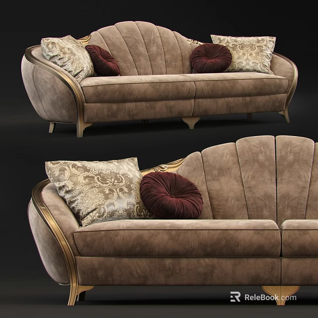 Luxurious Brown Multi Person Sofa With Patterned Pillows And Gold Trim Design 3d model