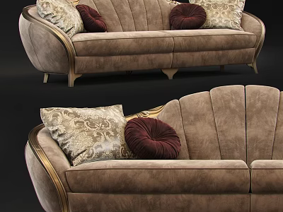 Luxurious Brown Multi Person Sofa With Patterned Pillows And Gold Trim Design 3d model