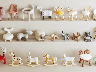Kids Leisure Chairs with Animal Shaped Designs and Colorful Wooden Styles on Display Shelves 3d model