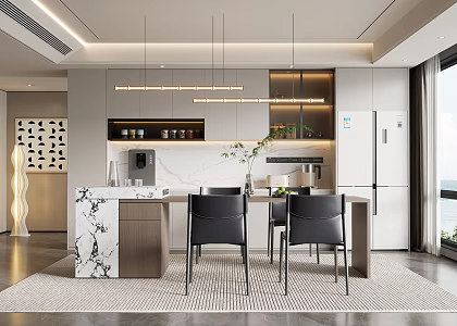 Island Table Restaurant Island Table Dining Chair Long Strip Chandelier Refrigerator Direct Drinking Machine Green Plant Mobile Socket 3d model