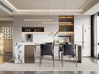 Island Table Restaurant Island Table Dining Chair Long Strip Chandelier Refrigerator Direct Drinking Machine Green Plant Mobile Socket 3d model