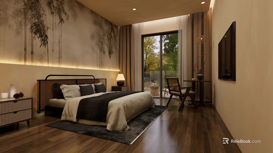 Modern Hotel Guest Room With Comfortable Bed Large Window And Wooden Flooring 3d model 