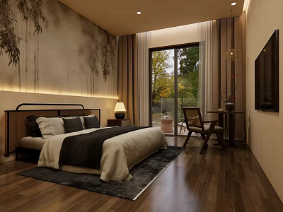 Modern Hotel Guest Room With Comfortable Bed Large Window And Wooden Flooring 3d model