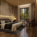Modern Hotel Guest Room With Comfortable Bed Large Window And Wooden Flooring