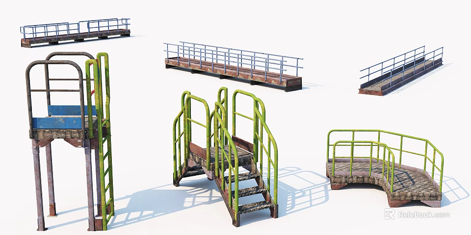 Various Staircase Designs with Green Railings and Metal Frames for Public Use 3d model 