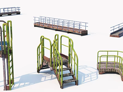 Various Staircase Designs with Green Railings and Metal Frames for Public Use 3d model