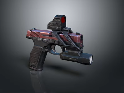Red And Black Tactical Pistol With Red Dot Sight And Flashlight On Dark Reflective Surface 3d model
