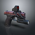 Red And Black Tactical Pistol With Red Dot Sight And Flashlight On Dark Reflective Surface
