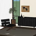Modern Entryway Console Cabinet With Potted Plant Decorative Vases And Wall Artwork