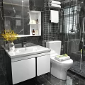 White Bathroom Sink Vanity With Black Tiled Walls And Yellow Flowers In Vase