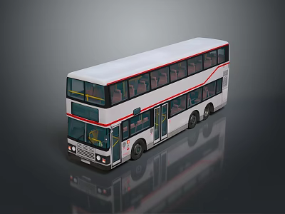 White Double Decker Bus With Red Stripes Windows And Doors On Gray Background 3d model