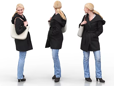 Woman In Black Coat Blue Jeans With Beige Bag And Blonde Ponytail From Different Angles 3d model