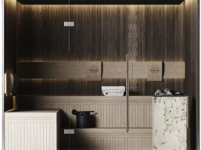 Modern Shower Sauna Interior With Wooden Walls Decorative Panels And Stacked Towels 3d model