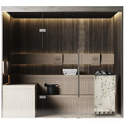 Modern Shower Sauna Interior With Wooden Walls Decorative Panels And Stacked Towels 3d model