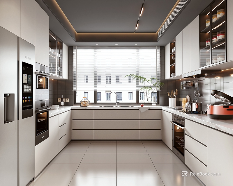 Modern Kitchen Interior Design With White Cabinets Island Countertop And Appliances 3d model 