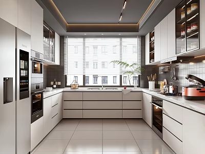 Modern Kitchen Interior Design With White Cabinets Island Countertop And Appliances 3d model
