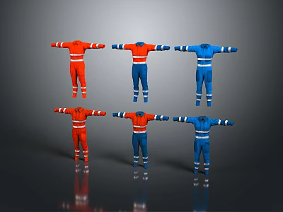 Safety Work Coveralls In Red And Blue With Reflective Stripes Design 3d model