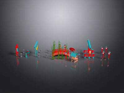 Colorful Small Building Models With Various Shapes And Reflective Gray Background 3d model
