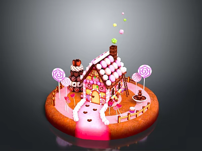 Fairy Tale Gingerbread House With Candy Decorations Lollipops And Pink Pathway 3d model