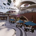 Modern Urban Plaza With Glass Canopy Tall Buildings Green Plants And Seating Areas