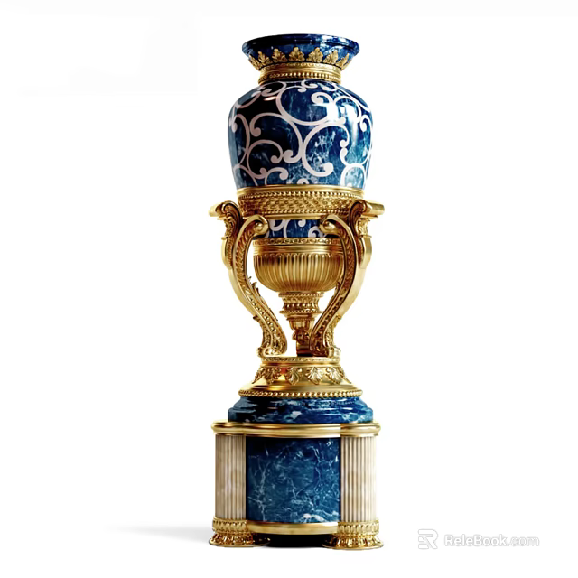 Public Facility Decorative Vase Featuring Blue White Pattern Gold Accents And Marble Base 3d model
