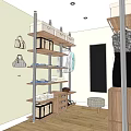 Modern Wardrobe Interior With Shelves Hanging Clothes Storage Boxes Bags Mirror And Stool
