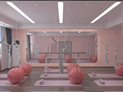 Aerial Yoga Studio With Pink Exercise Balls Yoga Mats And Mirror Walls 3d model