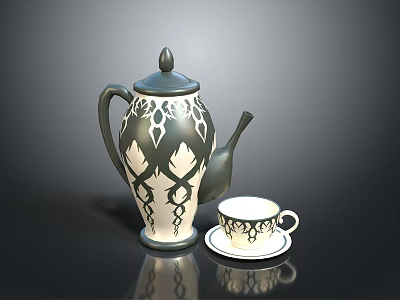 Decorative Ceramic Teapot With Intricate Patterns And Matching Teacup On Saucer 3d model