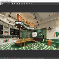 Vibrant Café Interior With Neon Coffee Sign Green Walls And Geometric Floor