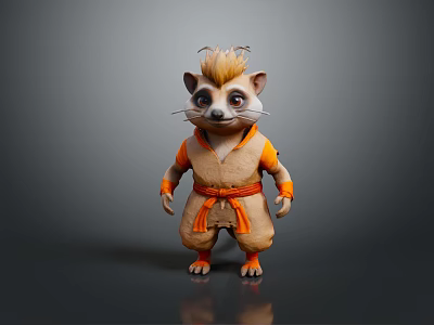 Animated Mongoose With Spiky Hair Wearing Orange Brown Outfit Standing On Gray Background 3d model