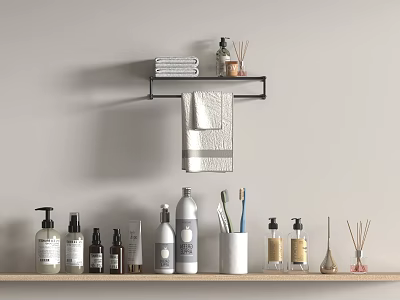 Bathroom Essentials On Wall Mounted Shelf Folded Towels Hanging Towel Soap Bottles Toothbrushes Aromatic Diffusers 3d model