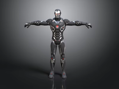 Armored Superhero Character In Black And Silver Mechanical Suit With Extended Arms 3d model