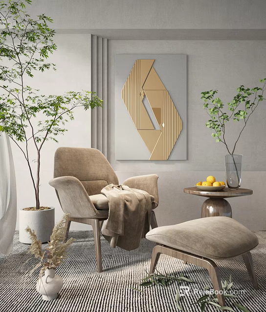 Beige Single Sofa with Blanket Side Table Fruit Plant Stool and Decorative Mirror 3d model 