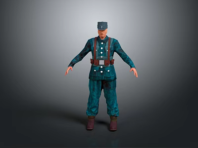 Detailed Military Character In Blue Uniform With Cap Suspenders Belt And Standing Pose 3d model