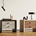 Modern Bedside Tables With Map Patterned Surface Light Colored Drawers And Decorative Items