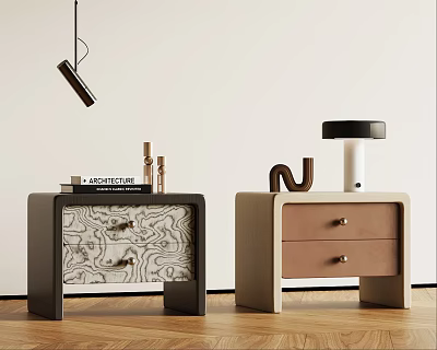 Modern Bedside Tables With Map Patterned Surface Light Colored Drawers And Decorative Items 3d model