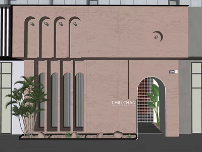 Modern CHILGHAN Storefront With Arched Design Light Brown Wall And Greenery 3d model