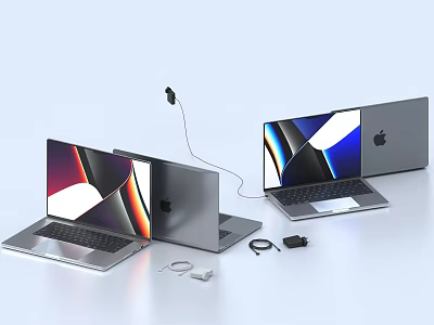 Two Open Silver MacBook Laptops With Colorful Screens Charger And Earphone Accessories 3d model