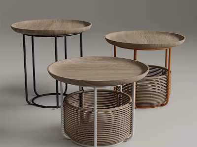 Modern Round Wooden Side Tables With Metal Frames And Rattan Bases 3d model