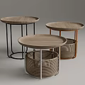 Modern Round Wooden Side Tables With Metal Frames And Rattan Bases