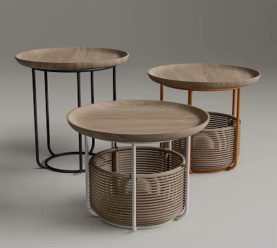 Modern Round Wooden Side Tables With Metal Frames And Rattan Bases 3d model