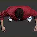 Game Movie Character In Red Shirt Blue Jeans And Blue Sneakers Standing Against Gray Background