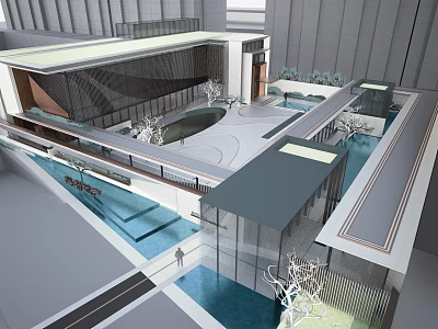 Modern Sales Office Building with Glass Facade Open Courtyard and Water Features 3d model