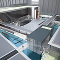 Modern Sales Office Building with Glass Facade Open Courtyard and Water Features