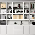 White Bookcase With Multiple Shelves Filled With Books Binders Vases Small Plants And Storage Boxes