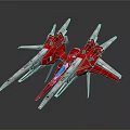 Red White Futuristic Mechanical Aircraft Model Featuring Sharp Wings Blue Accents And Intricate Structure