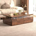Walnut Wood Coffee Table With Glass Top Storage Drawers Green Apples Vase Coffee Cup