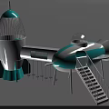Rocket Shaped Sci Fi Toy With Blue White Design Turbine And Gun Like Structure Platform