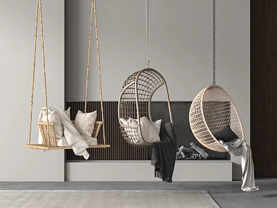 Modern Rattan Hanging Chair Designs With Cozy Pillows And Blankets For Indoor Decor 3d model