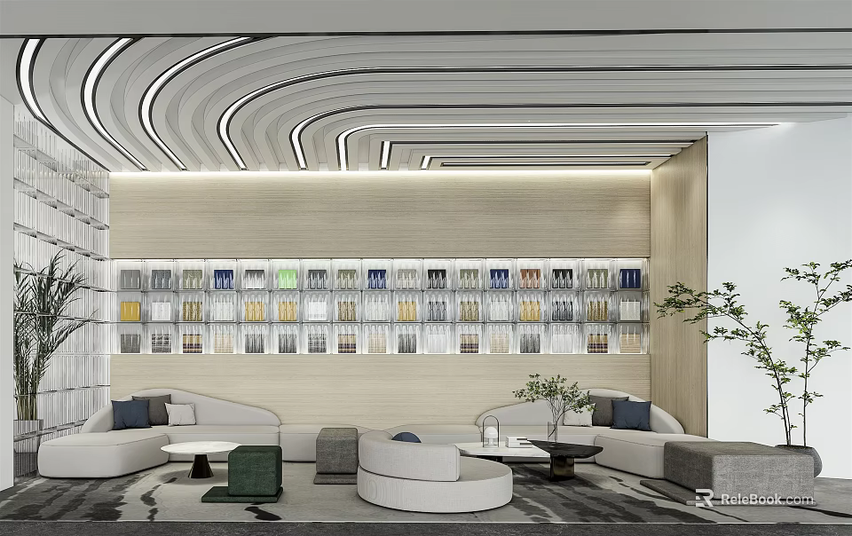 Modern Lounge Area Design With Curved Ceiling Wooden Wall Built In Bookshelves And Cozy Sofas 3d model 